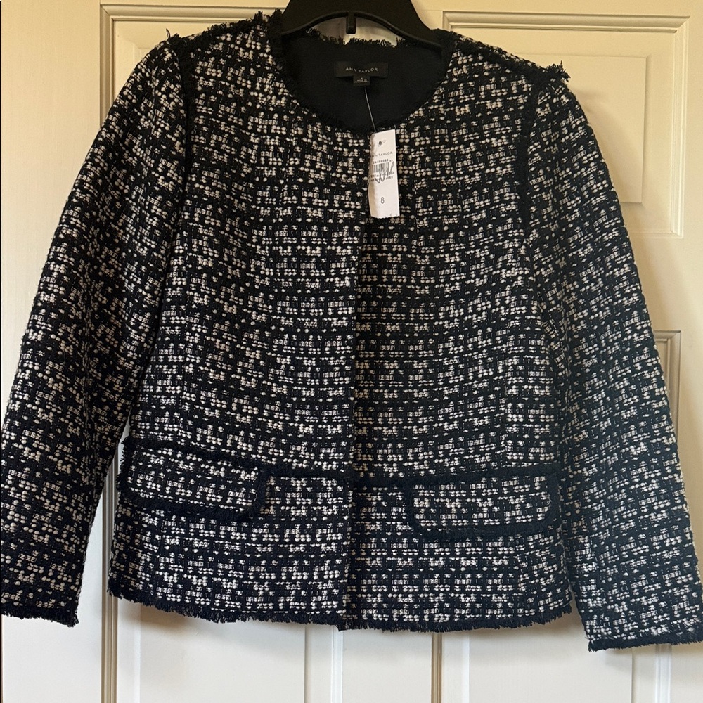Ann Taylor Black and White Tweed Collarless Blazer